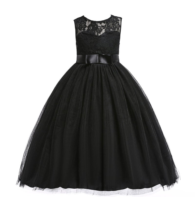 Glamulice Black Flower Girls Dress Lace Bridesmaid Long A Line Kids Black Funeral Dresses Wedding Pageant Tulle Party Ball Gown Christmas Holiday Evening Formal Princess Dance Gown 10 Prom New Year - Image 1